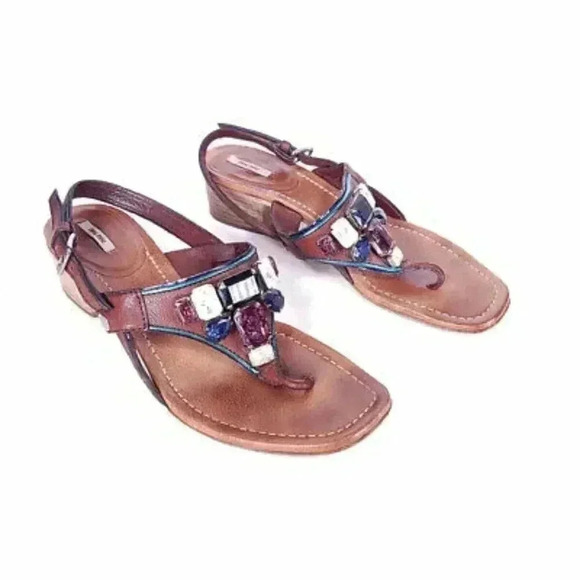 Miu Miu Thong Sandal Brown Women's 8 Leather Embellished Block Heel Italy 38.5 - Picture 2 of 8